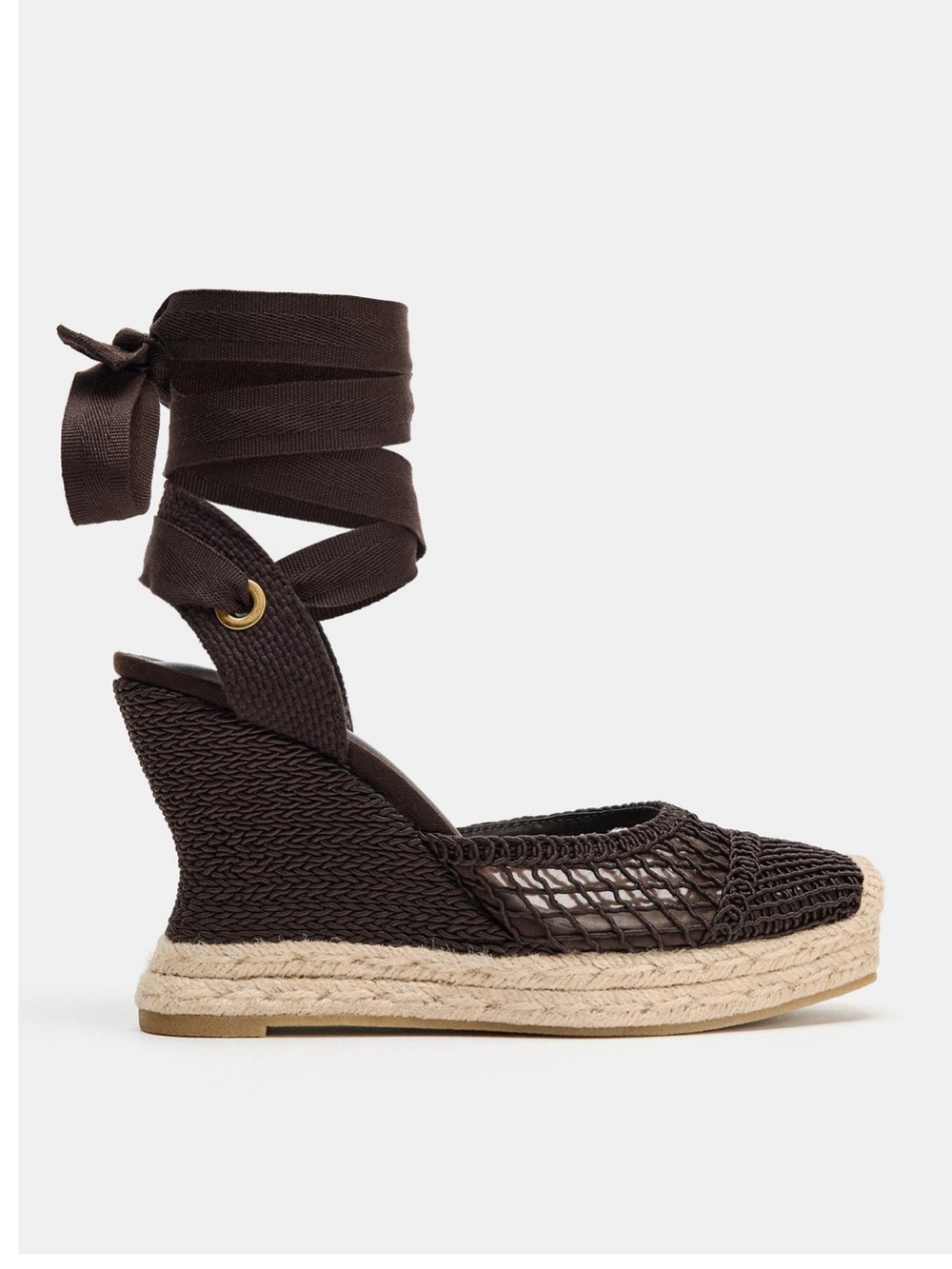 Zara Curved Wedge Heel Lace-Up Espadrille Sandals - Dark Brow NWT